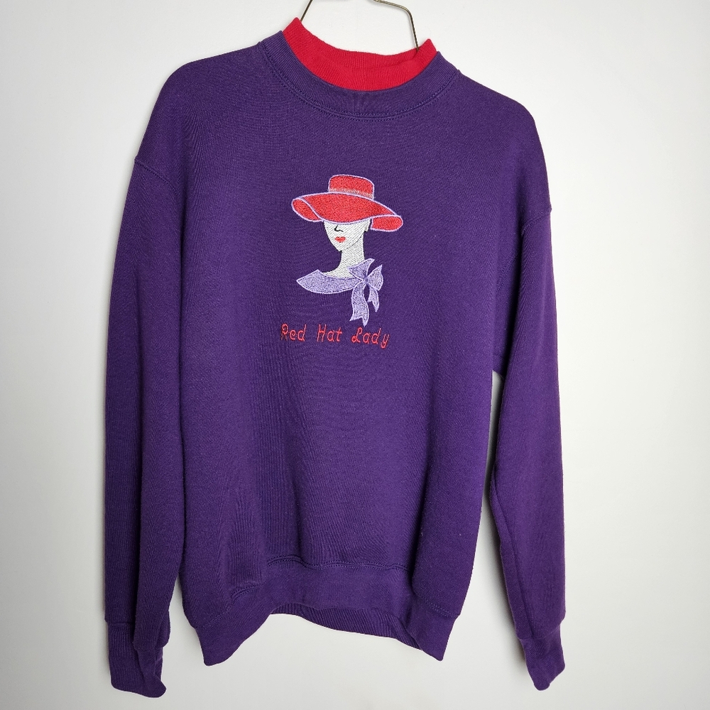 Vintage Red Hat Lady Double Neckline Purple Sweatshirt Womans Ladies Medium